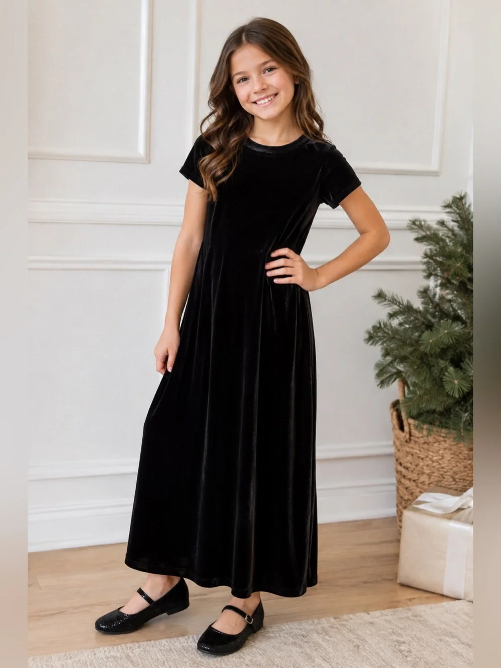 GAP Kids Black Velvet Short Sleeve Maxi Dress Size Large